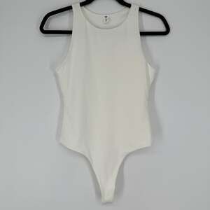 BP. White Ribbed High Neck Thong Bodysuit Womens Small
